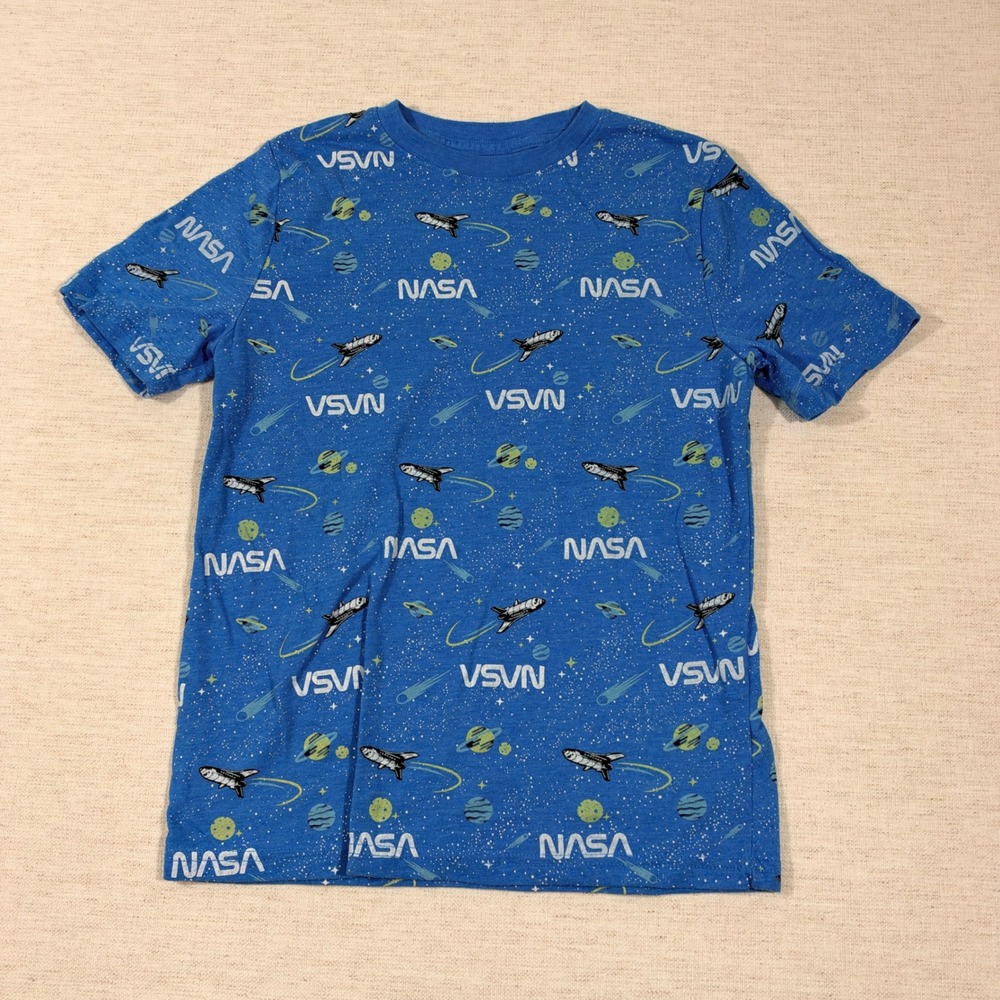 NASA Graphic T-Shirt Kids Size M Blue Space Shuttle Planets Allover Print Tee